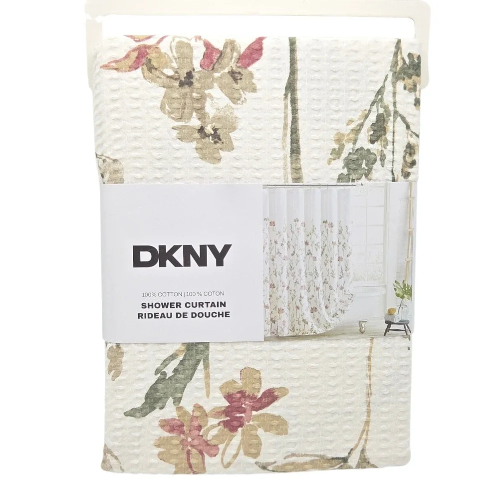 DKNY Chelsea Floral Shower Curtain Ivory Multi 72x72 Cotton Waffle Weave